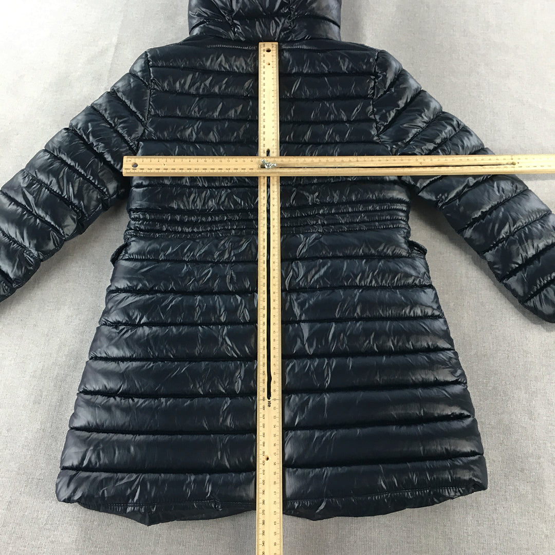 Zara Kids Puffer Coat Size 9 Navy Blue Zip-Up Hood Long Pockets Coat