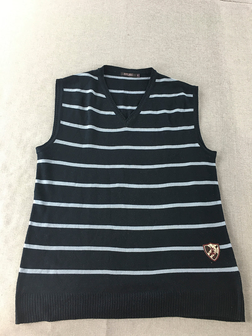 Allen Solly Mens Knit Vest Size M Navy Blue Striped Sleeveless Jumper