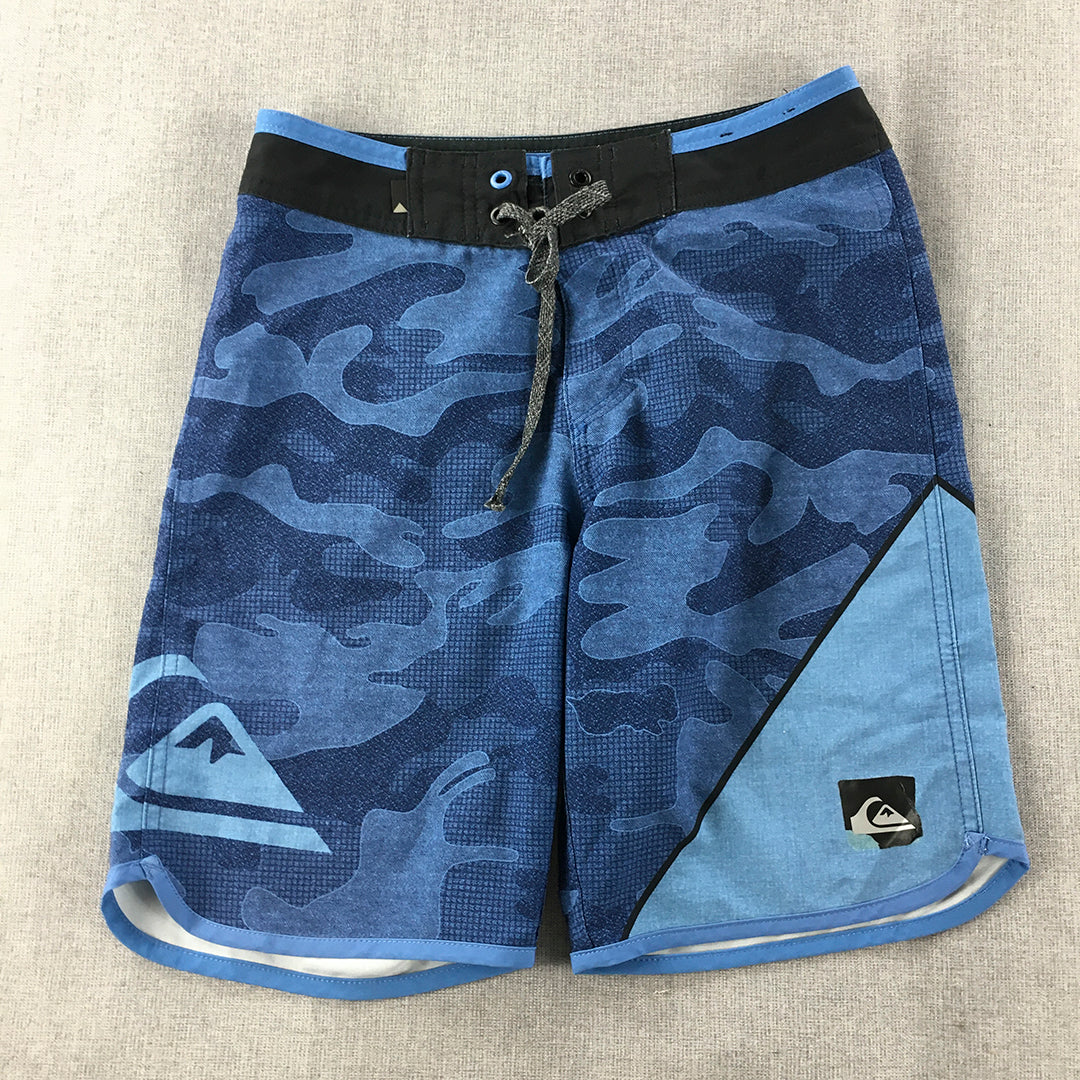 Quiksilver Board Shorts Size 25 Waist Blue Surf Swim Logo Camo Pattern Boardies