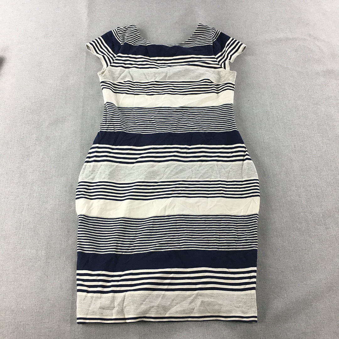 Forever New Womens Bodycon Dress Size 14 White Blue Striped Mini