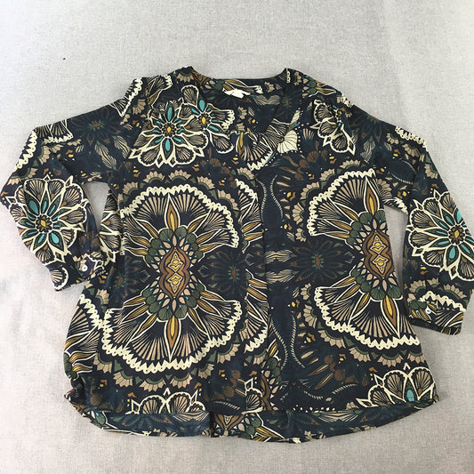 H&M Womens Top Size 12 Navy Blue Brown Floral Button-Up Shirt Blouse