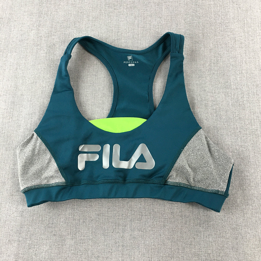 FILA Womens Sports Bra Size L Blue Logo Sleeveless Cropped Top Gym