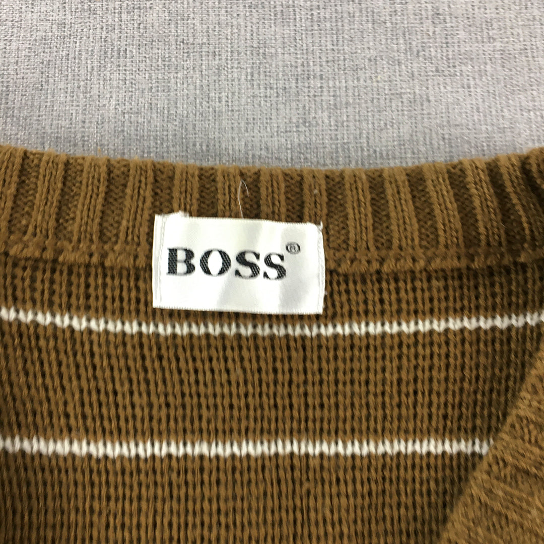 Vintage Hugo Boss Mens Knit Sweater Size S Brown White Striped Jumper