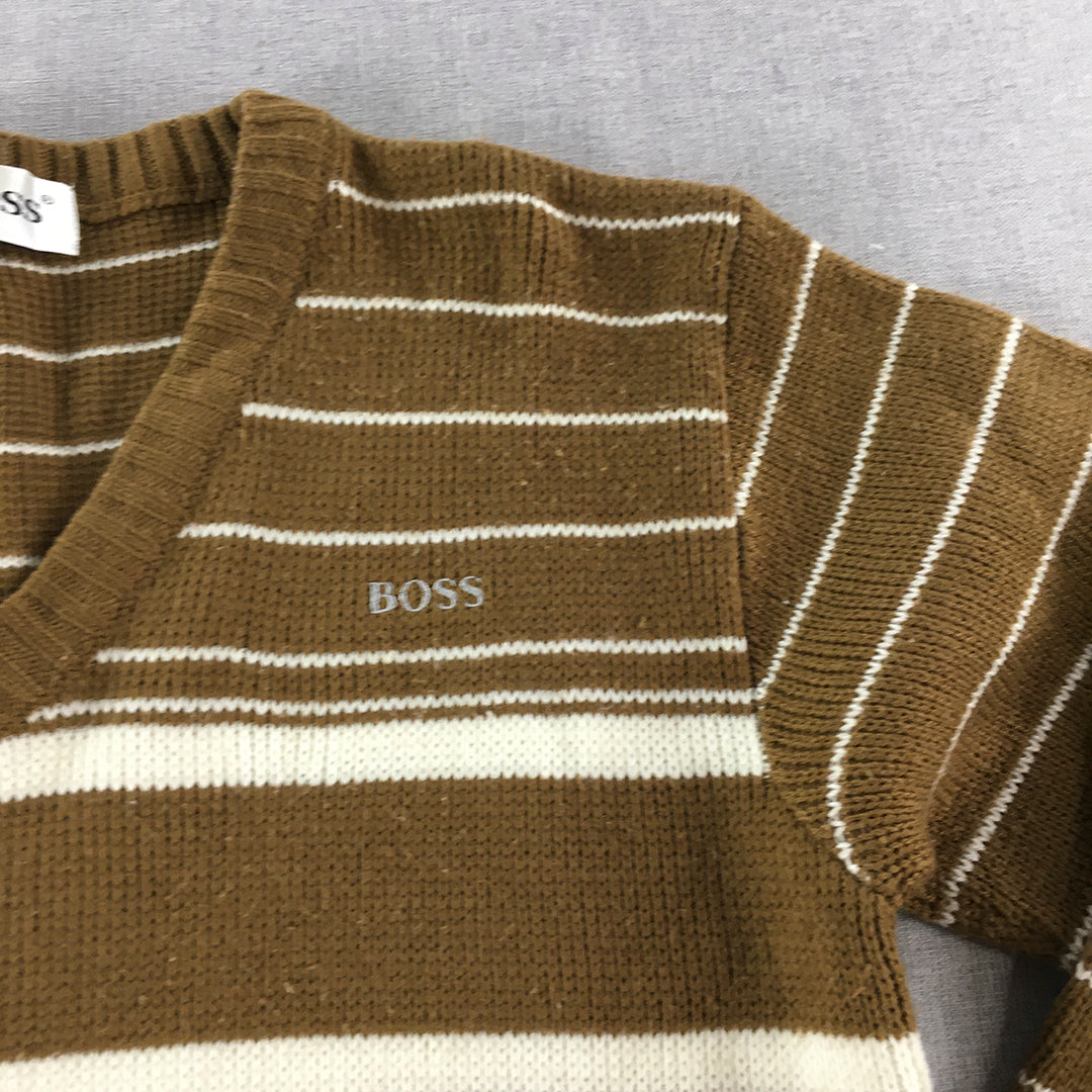 Vintage Hugo Boss Mens Knit Sweater Size S Brown White Striped Jumper