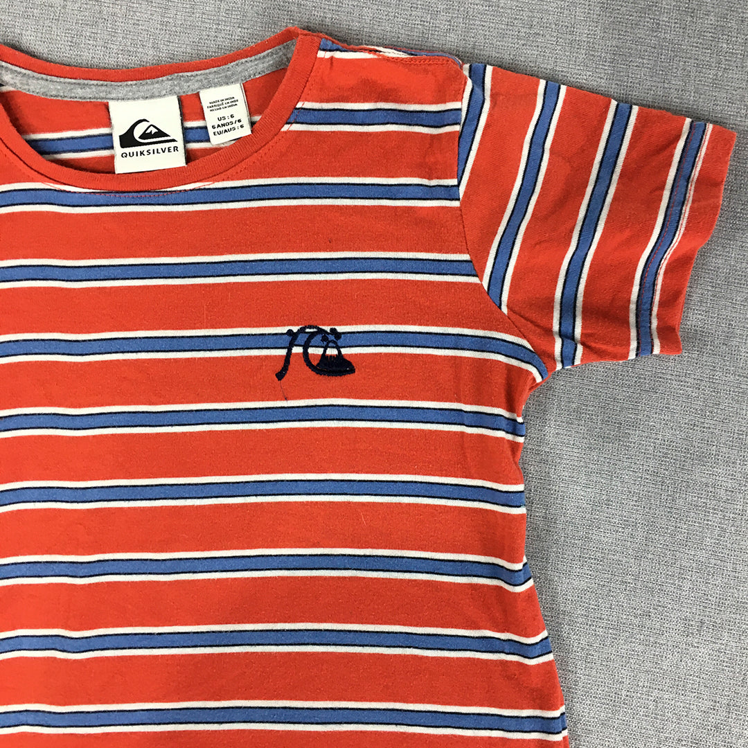 Quiksilver Kids Boys T-Shirt Size 6 Red Blue Striped Logo Short Sleeve Top