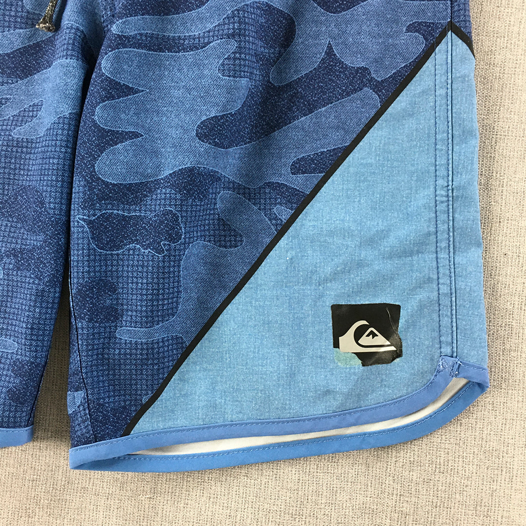 Quiksilver Board Shorts Size 25 Waist Blue Surf Swim Logo Camo Pattern Boardies