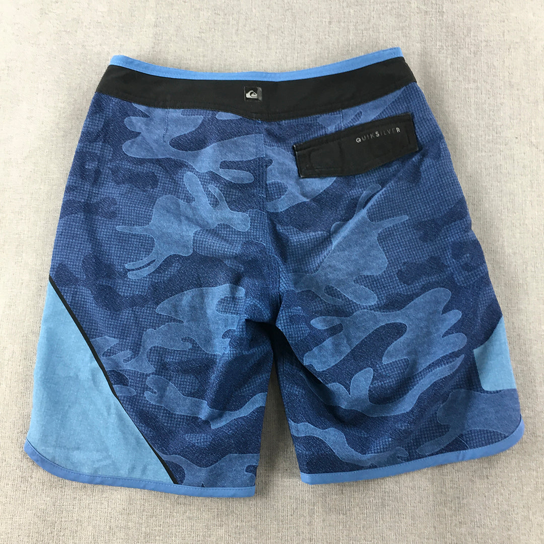 Quiksilver Board Shorts Size 25 Waist Blue Surf Swim Logo Camo Pattern Boardies