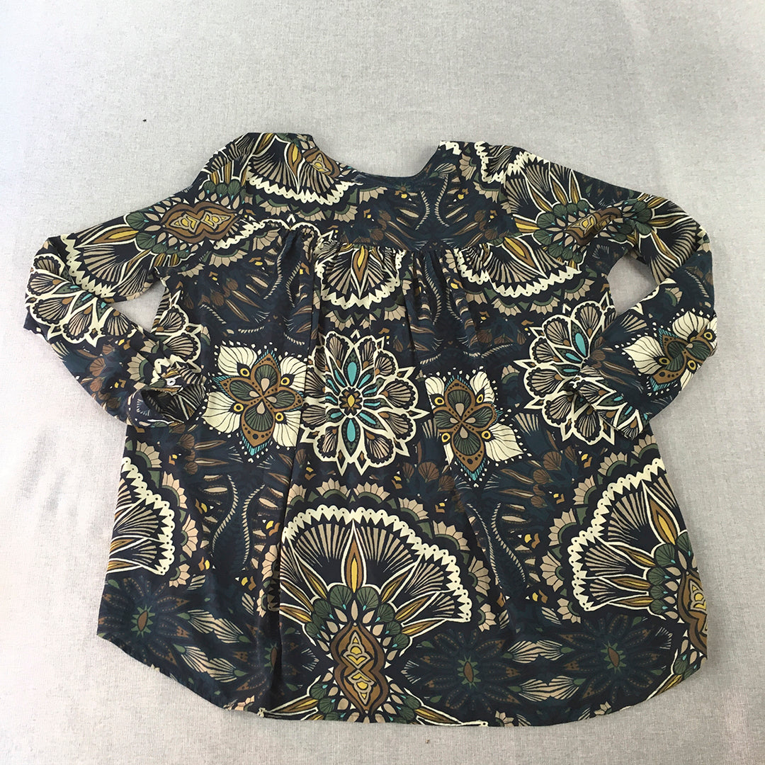 H&M Womens Top Size 12 Navy Blue Brown Floral Button-Up Shirt Blouse