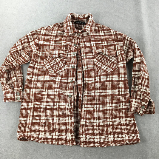 Boohoo Womens Flannel Shirt Size 8 Brown White Houndstooth Button-Up