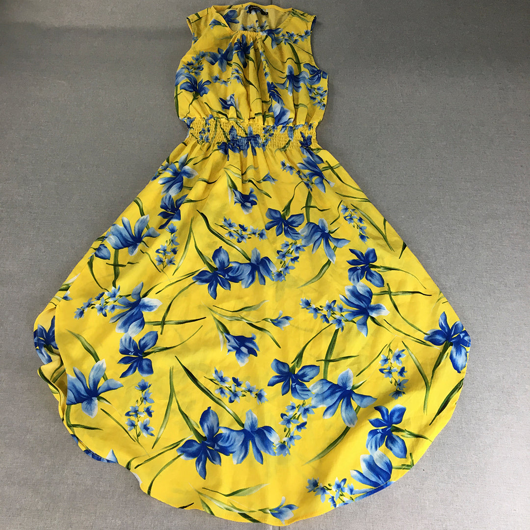 Valleygirl Womens Dress Size 10 Yellow Blue Floral Fit & Flare Midi Pleated