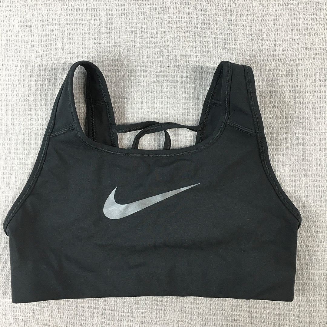 Nike Womens Sports Bra Size S Black Silver Swoosh Logo Cropped Top