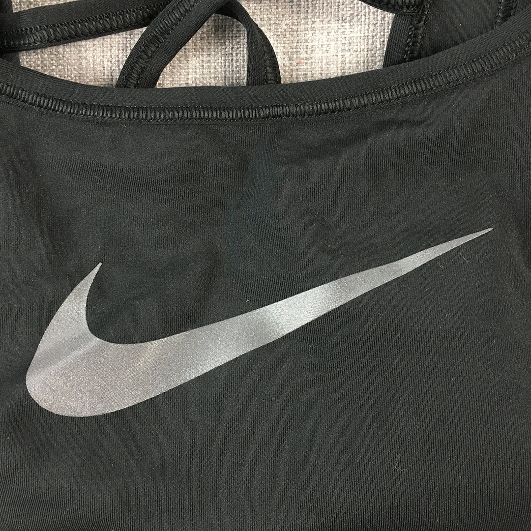 Nike Womens Sports Bra Size S Black Silver Swoosh Logo Cropped Top