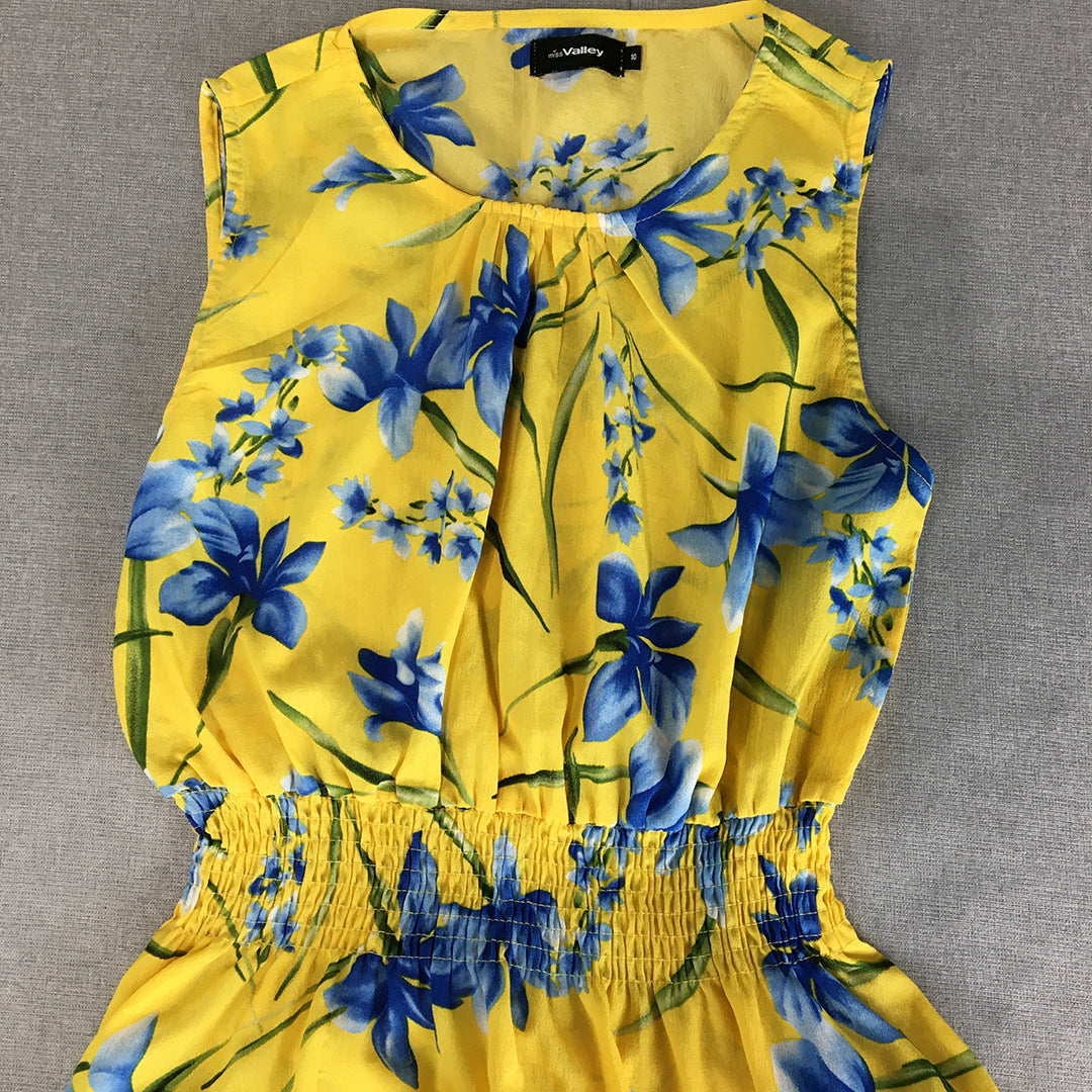 Valleygirl Womens Dress Size 10 Yellow Blue Floral Fit & Flare Midi Pleated