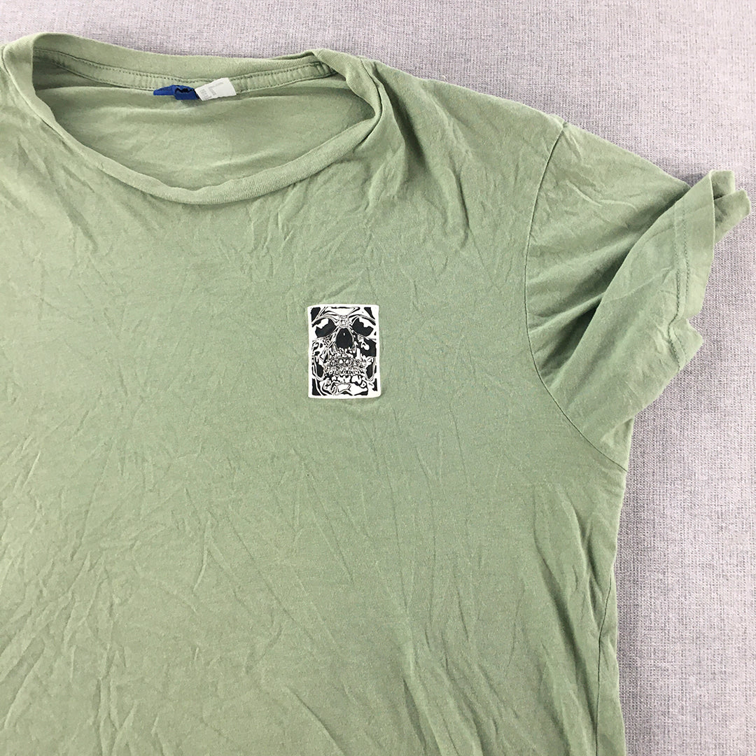 H&M Mens T-Shirt Size M Green Skull Embroidered Short Sleeve Crew Neck Tee