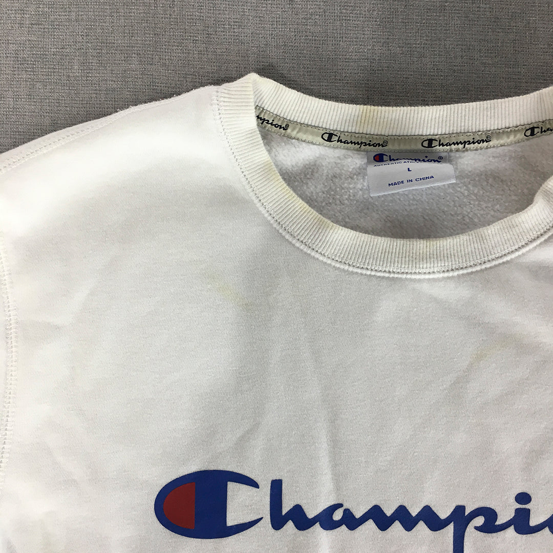 Champion Mens Sweater Size L White Big Logo Crew Neck Pullover Jumper