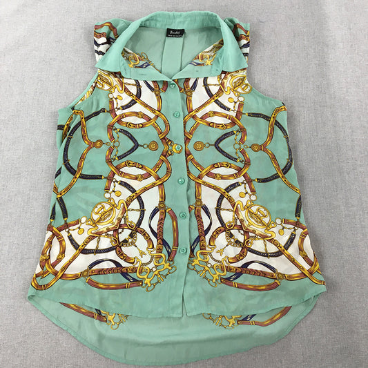 Bardot Womens Top Size 8 Green Gold Baroque Sleeveless Button-Up Shirt