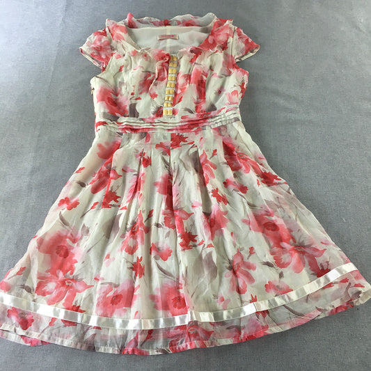 Baico Womens Mini Dress Size S White Pink Floral Fit Flare Pleated