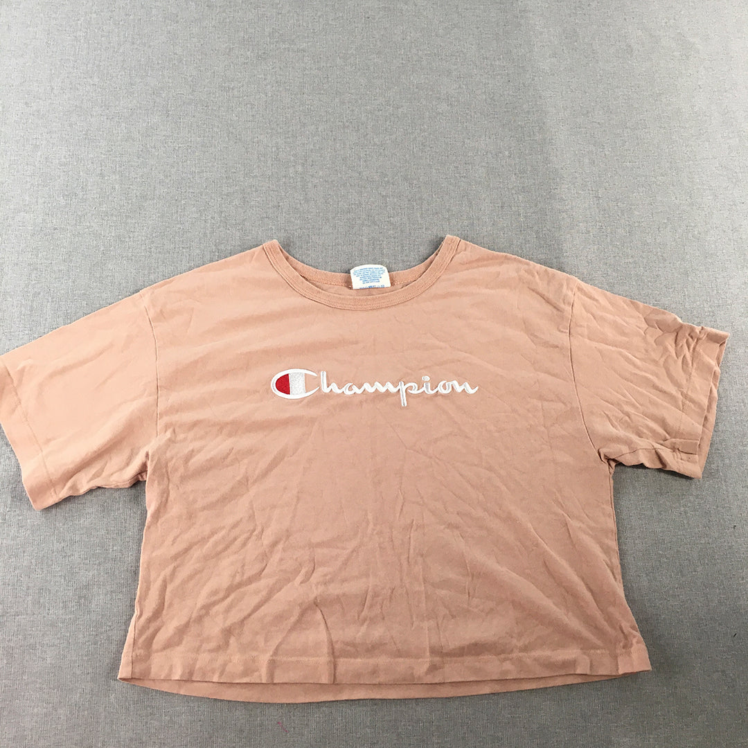 Champion Womens Cropped Top Size L Pink Big Embroidered Logo Short Sleeve