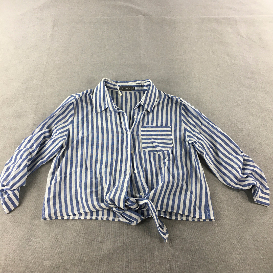 Mirrou Womens Top Size 14 White Blue Button-Up Cropped Long Sleeve Shirt