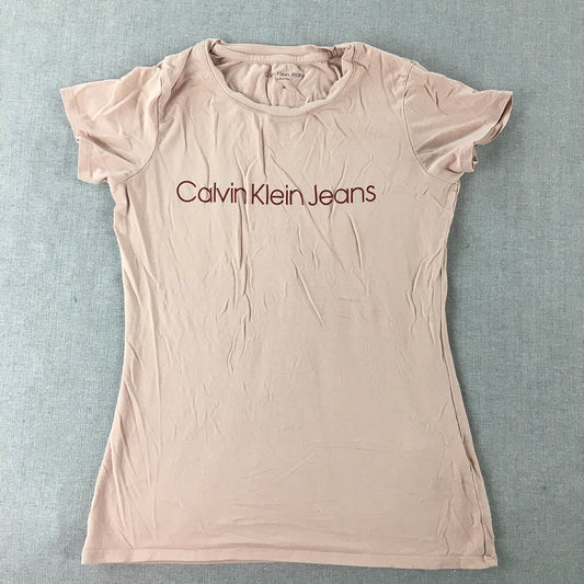 Calvin Klein Jeans Womens T-Shirt size XS Pink Big Logo Crew Neck Short Sleeve