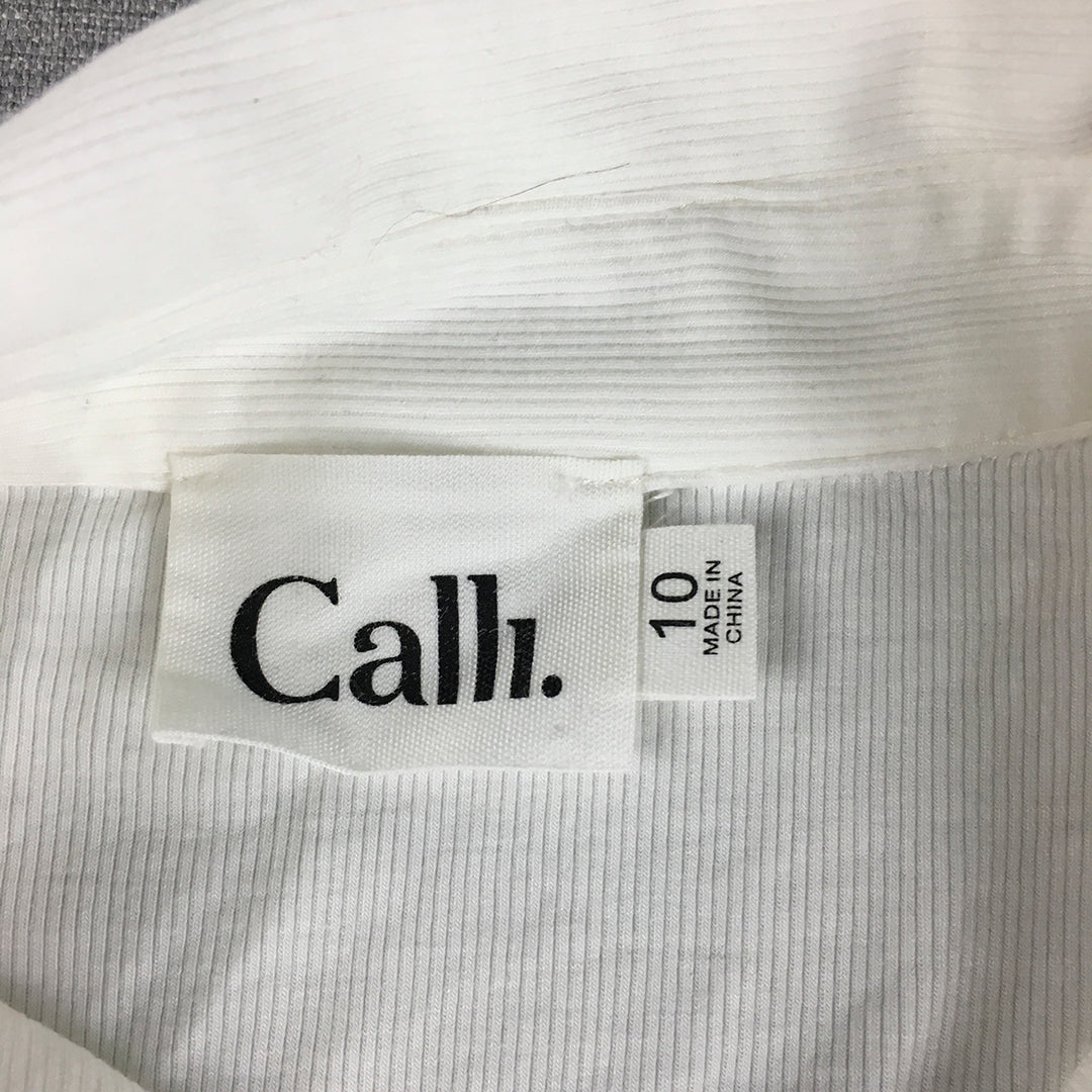 Calli Womens Top Size 10 White Button-Up Stretch Fabric Collared Short Sleeve