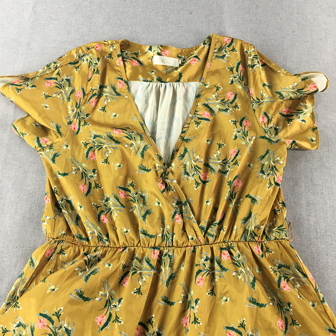 HQ Womens Dress Size M Yellow Floral Fit & Flare Midi