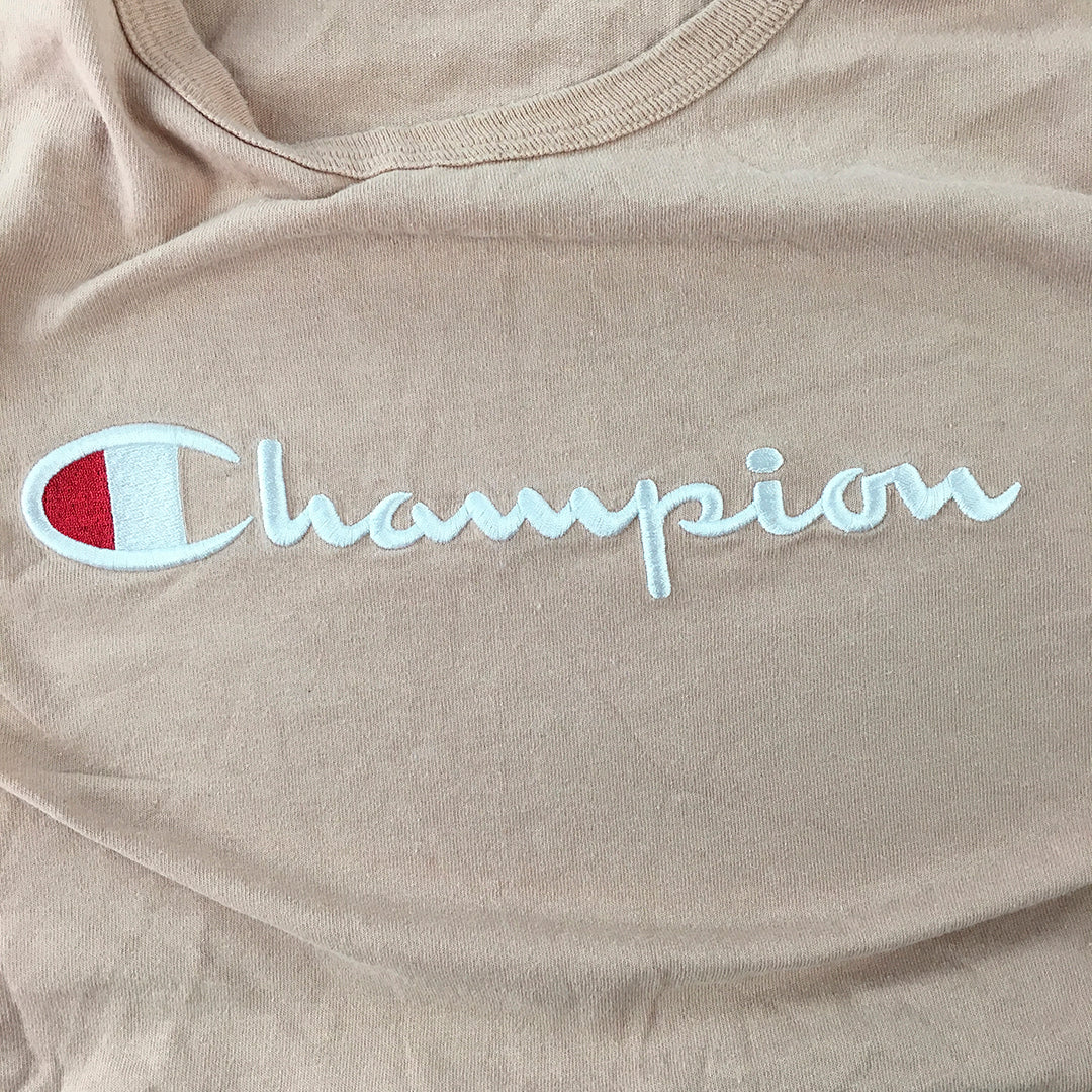 Champion Womens Cropped Top Size L Pink Big Embroidered Logo Short Sleeve