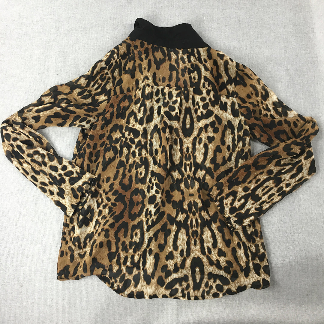 Valleygirl Womens Top Size 10 Brown Cheetah Print Button-Up Long Sleeve Blouse