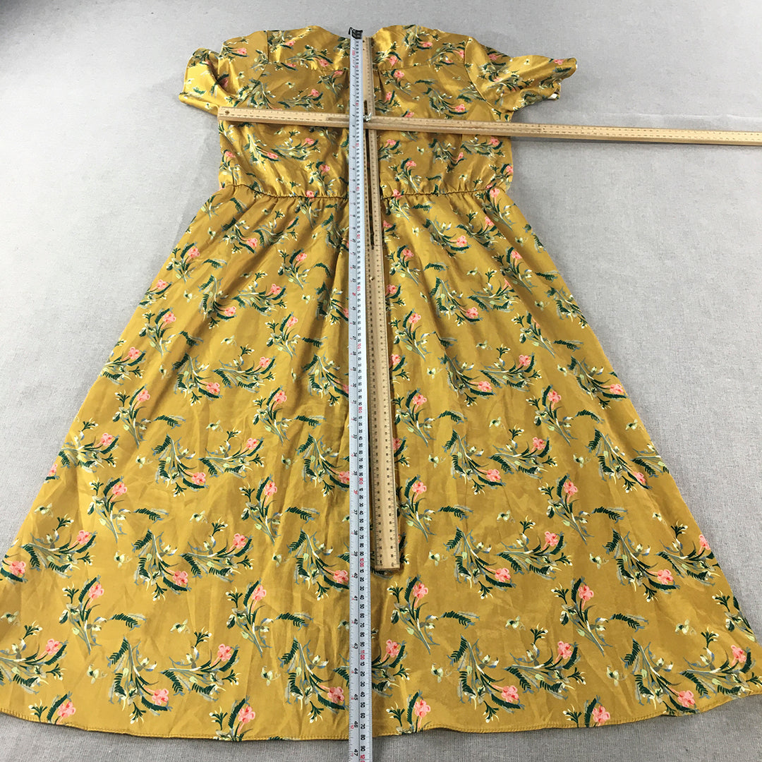 HQ Womens Dress Size M Yellow Floral Fit & Flare Midi