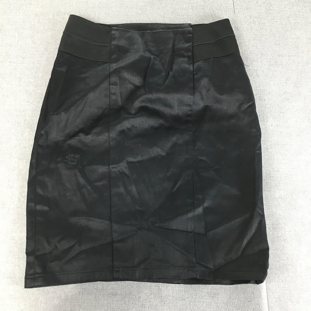 Jag Womens Faux Waxed Denim Midi Skirt Size 8 Black Elastic Waist Straight