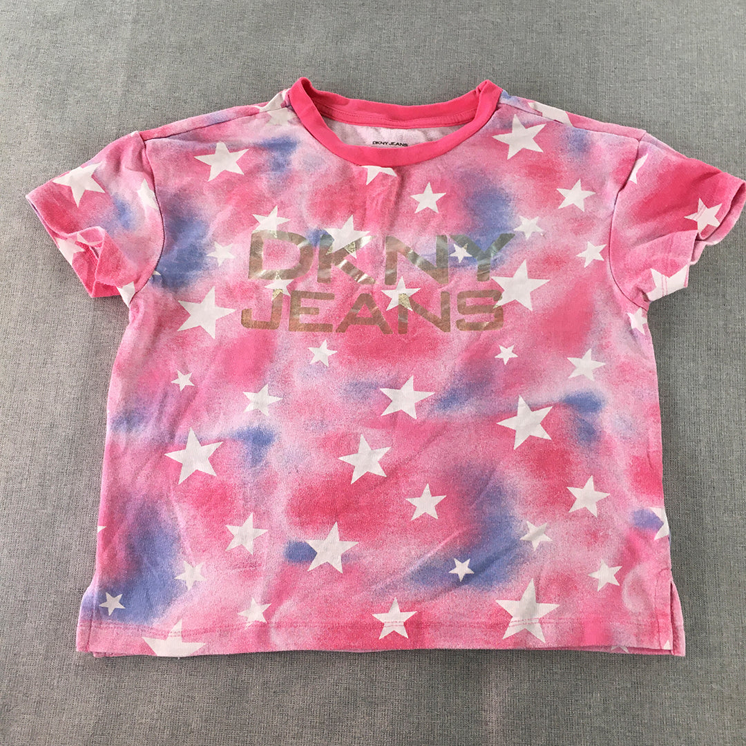 DKNY Kids Girls T-Shirt Size L (12 - 14 Years) Pink Star Logo Pattern