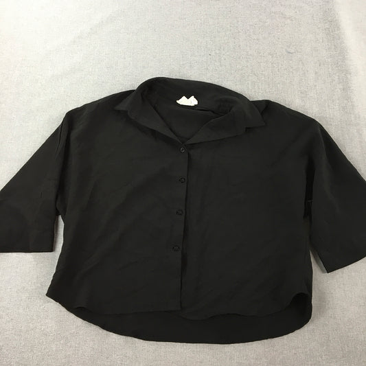 Calli Womens Top Size 10 Black Button-Up Short Sleeve Collared Shirt