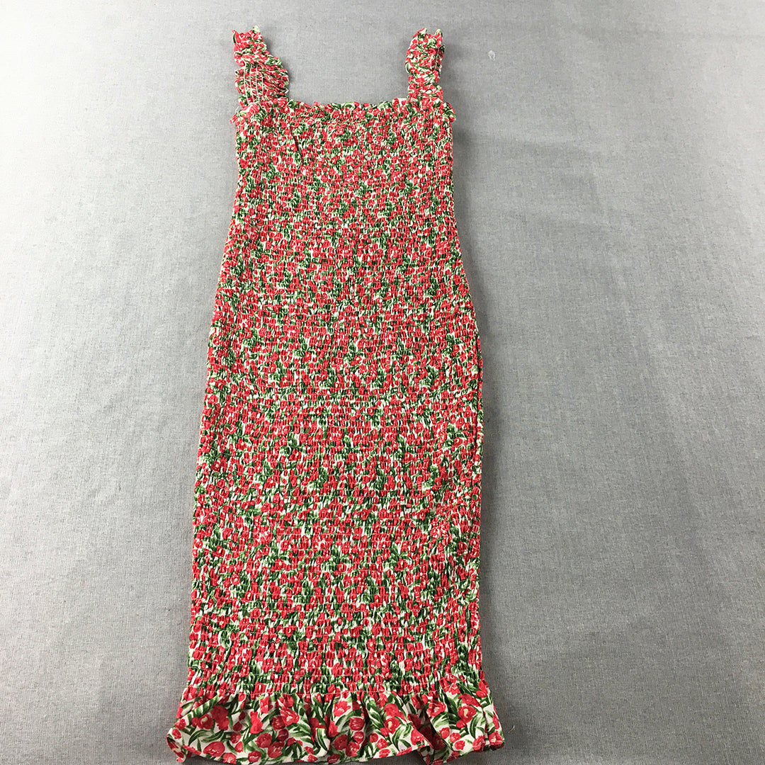 Winnie & Co Womens Dress Size 8 Red Floral Stretch Fabric Sleeveless Midi