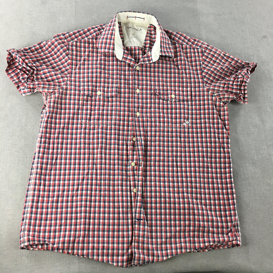 Nautica Mens Shirt Size XL Red Blue White Checkered Short Sleeve Button-Up