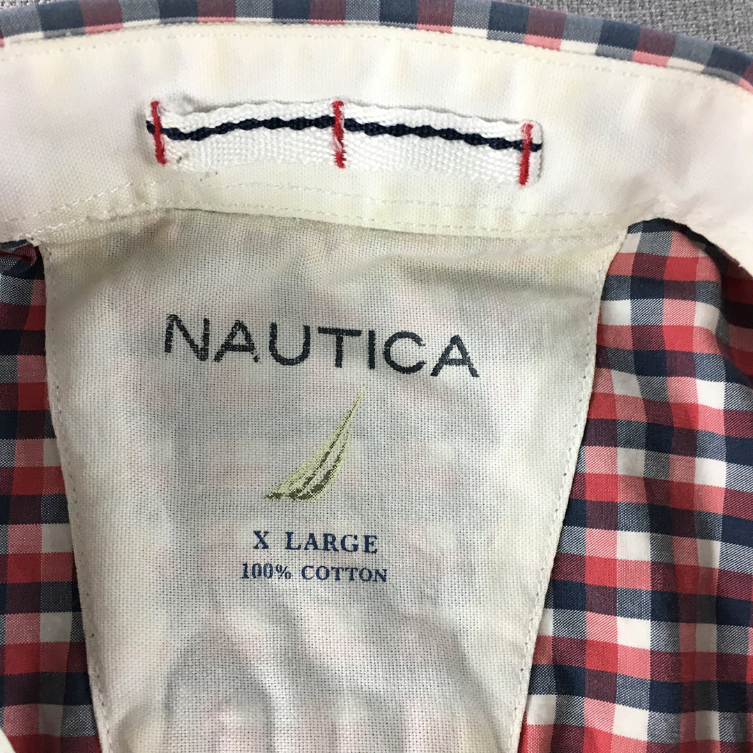 Nautica Mens Shirt Size XL Red Blue White Checkered Short Sleeve Button-Up