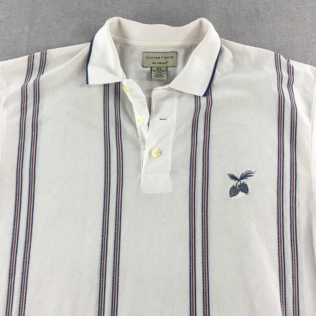 Cutter & Buck Mens Polo Shirt Size M White Striped Collared Logo Rugby