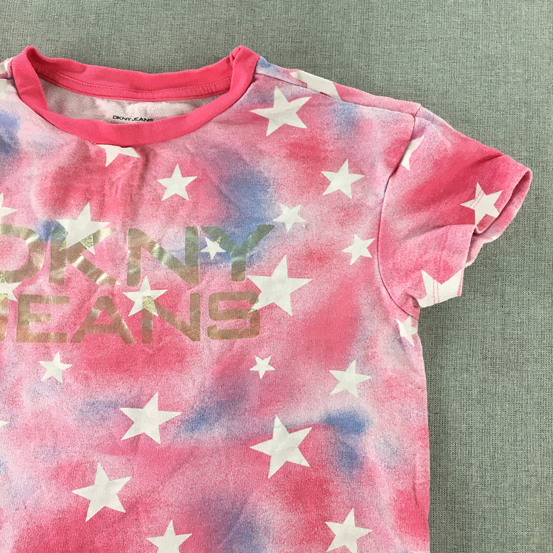 DKNY Kids Girls T-Shirt Size L (12 - 14 Years) Pink Star Logo Pattern