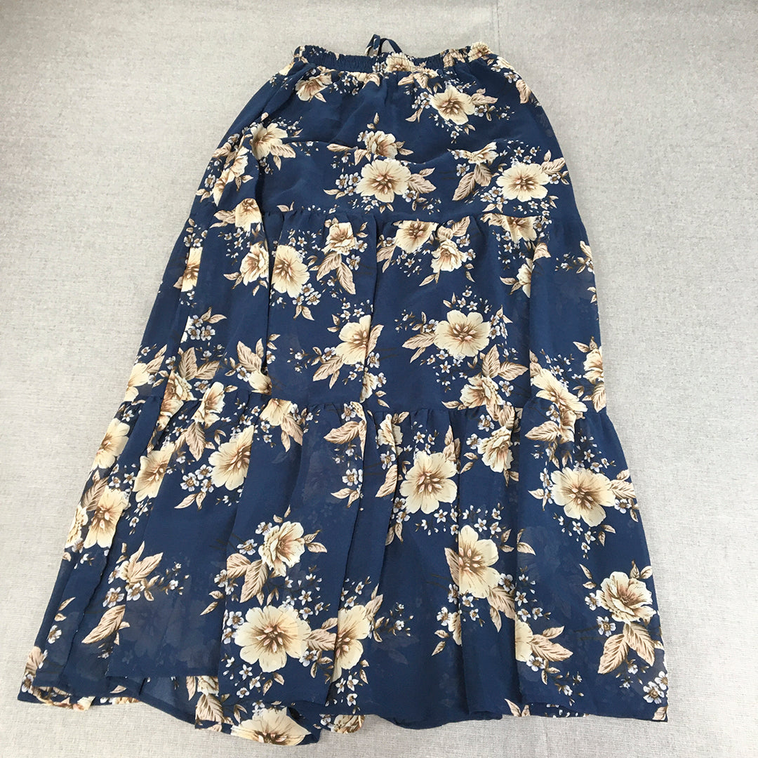 Ally Womens Maxi Skirt Size 8 Blue Floral A-Line Elastic Waist