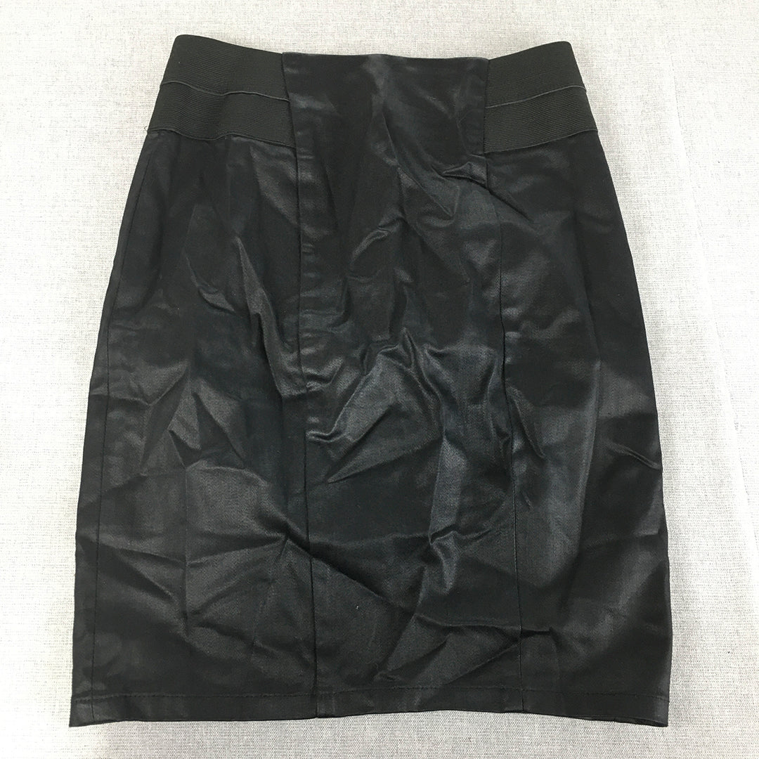 Jag Womens Faux Waxed Denim Midi Skirt Size 8 Black Elastic Waist Straight