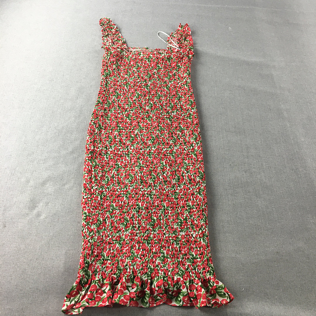 Winnie & Co Womens Dress Size 8 Red Floral Stretch Fabric Sleeveless Midi