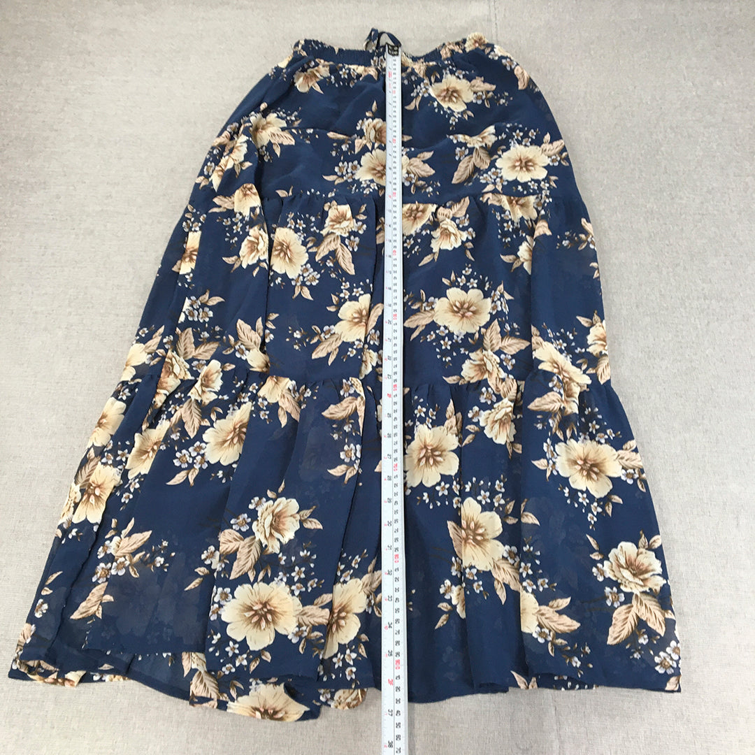 Ally Womens Maxi Skirt Size 8 Blue Floral A-Line Elastic Waist