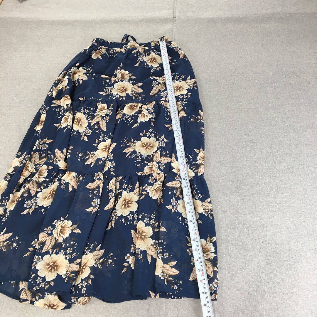 Ally Womens Maxi Skirt Size 8 Blue Floral A-Line Elastic Waist