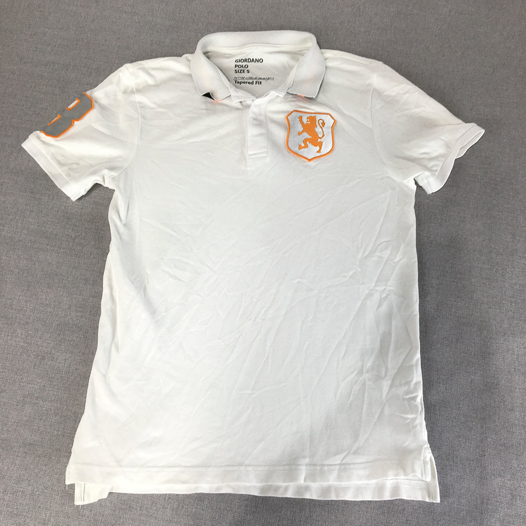 Giordano Mens Polo Shirt Size S Tapered Fit White Orange Logo Collared Rugby