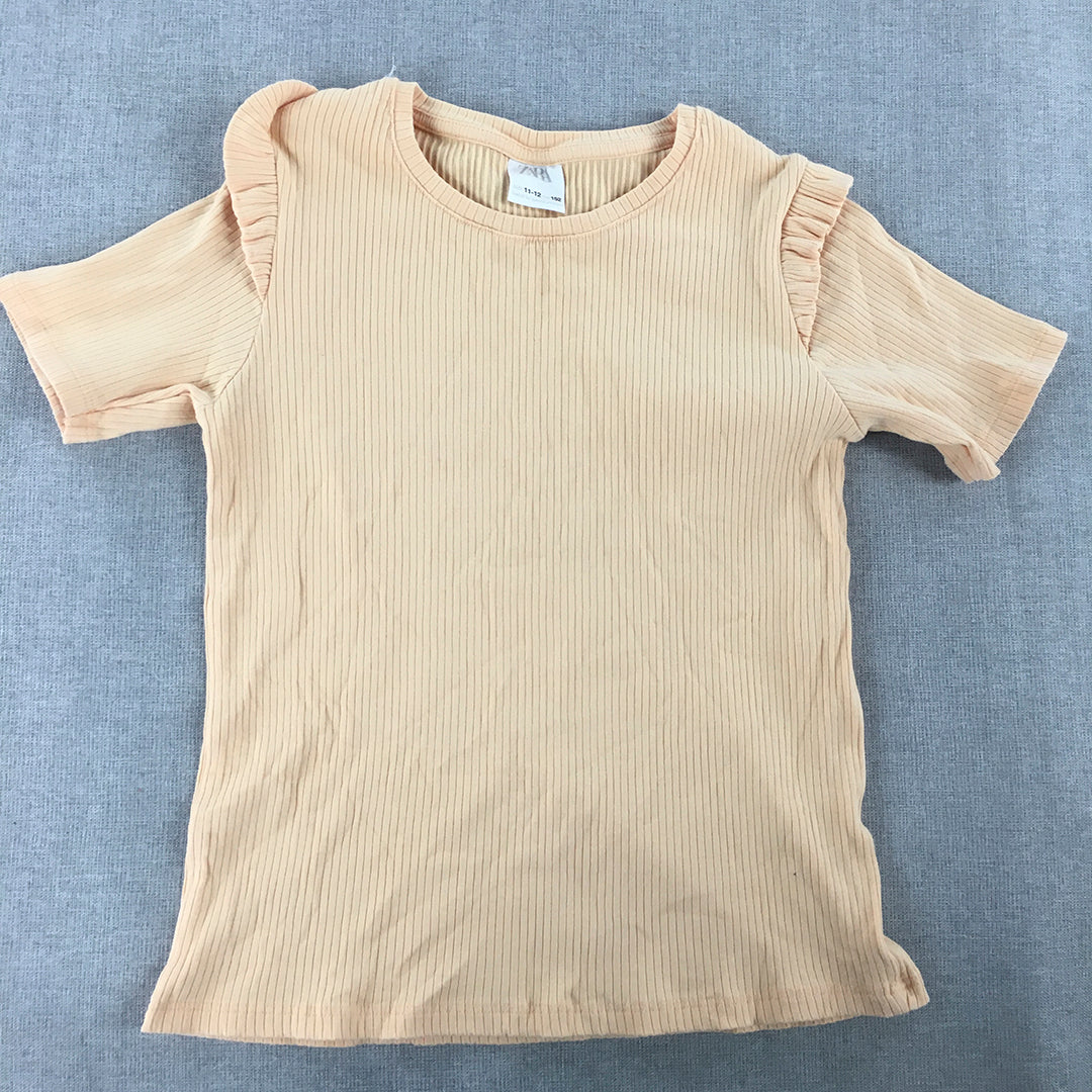 Zara Kids Girls T-Shirt Size 11 - 12 Years Peach Pink Short Sleeve Stretch Knit