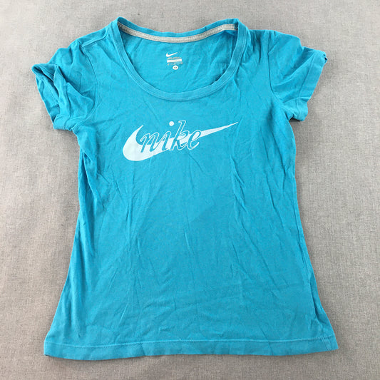 Nike Womens T-Shirt Size M Blue Big Swoosh Logo Short Sleeve Top