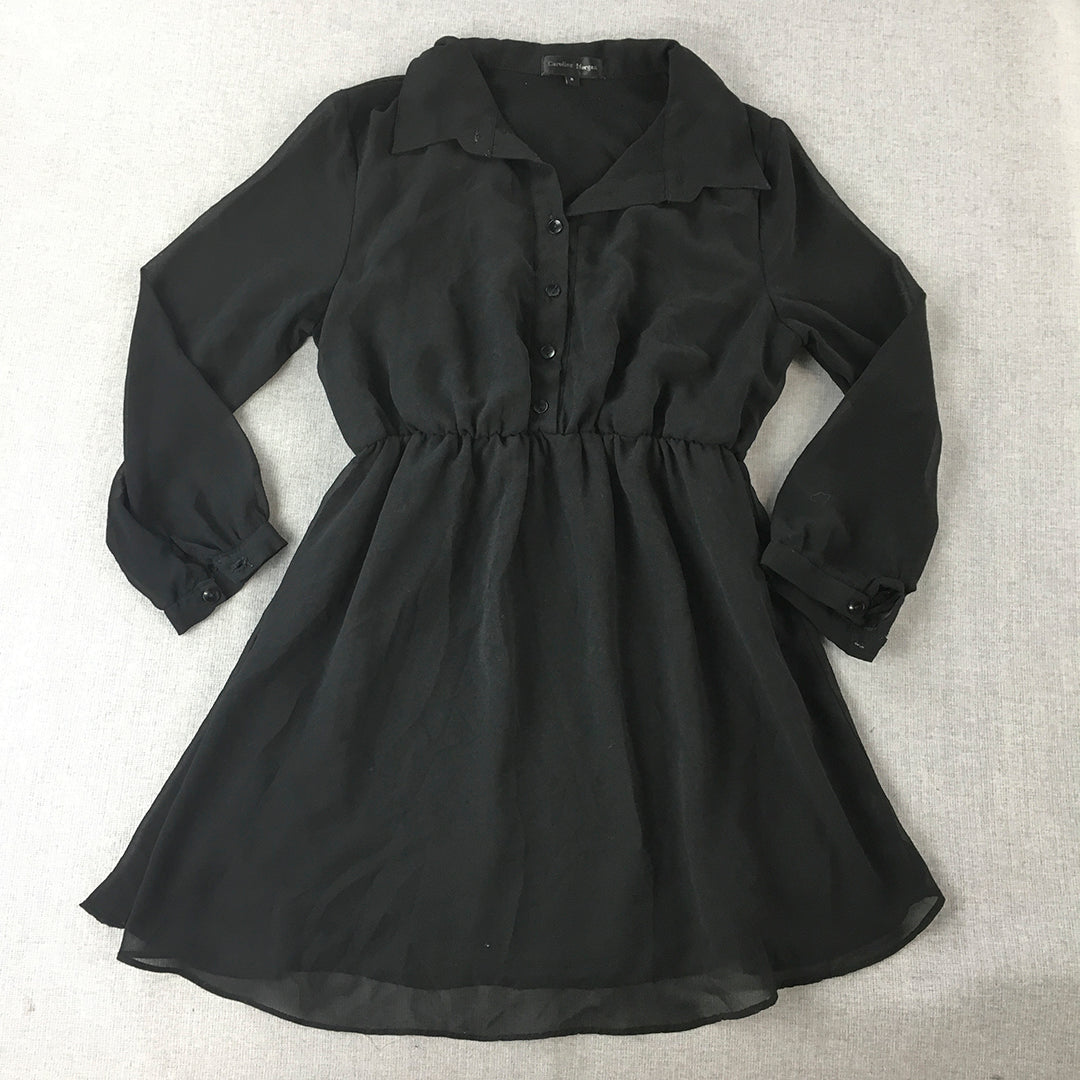 Caroline Morgan Womens Mini Dress Size 8 Black Pleated Fit & Flare Long Sleeve