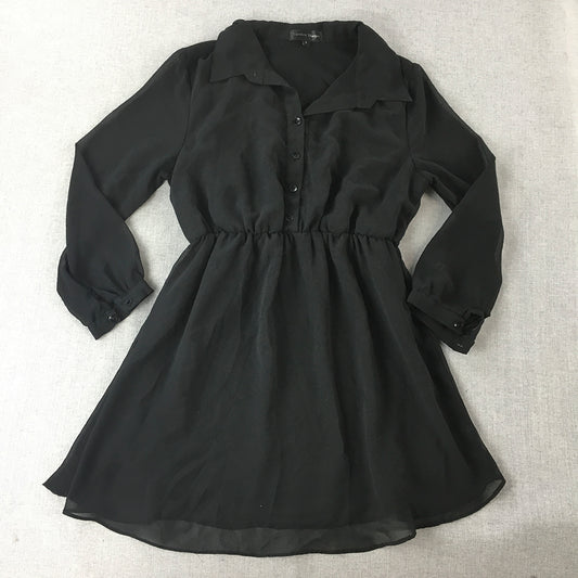 Caroline Morgan Womens Mini Dress Size 8 Black Pleated Fit & Flare Long Sleeve