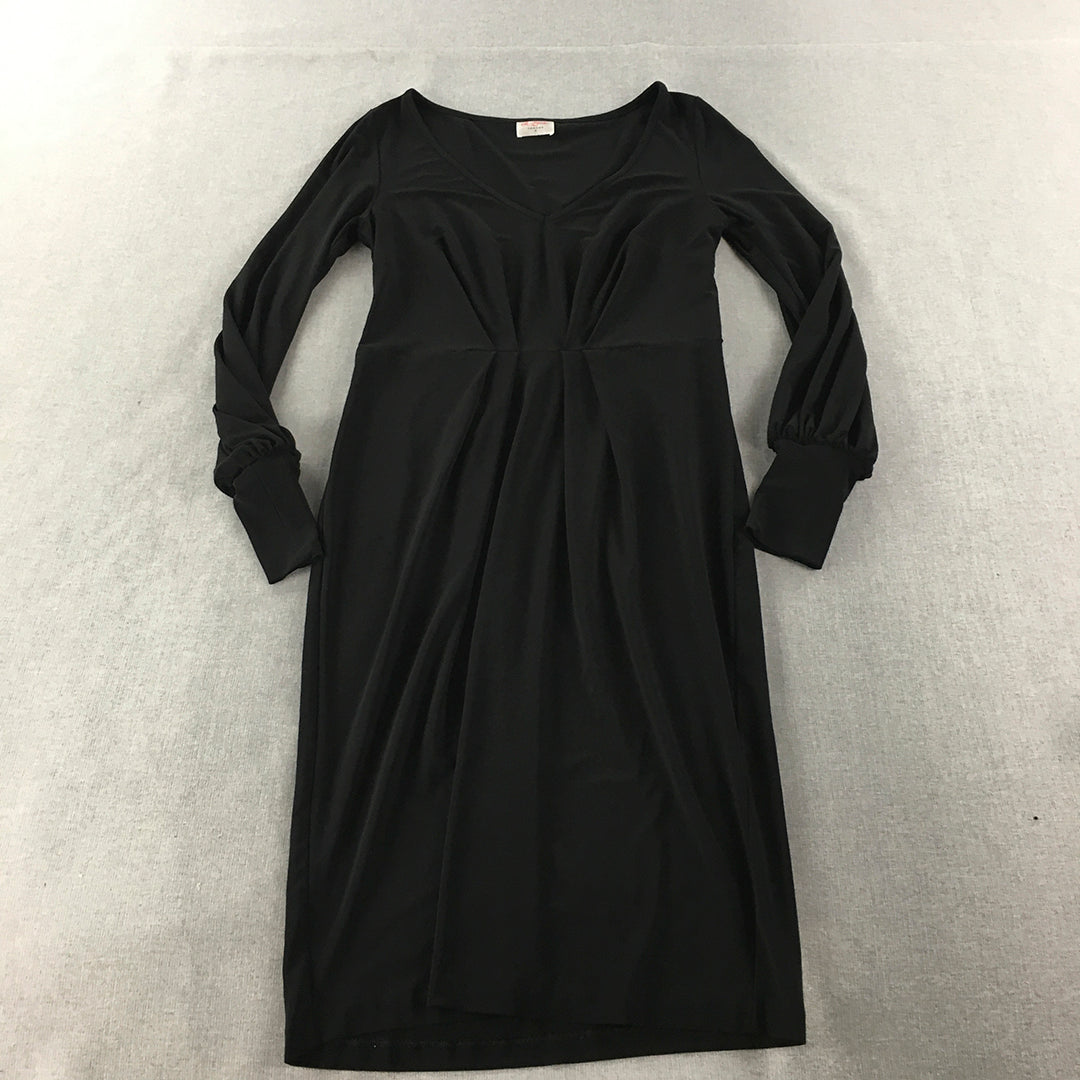 Leona Edmiston Frocks Womens Dress Size 2 Black Stretch Pleated Long Sleeve Midi