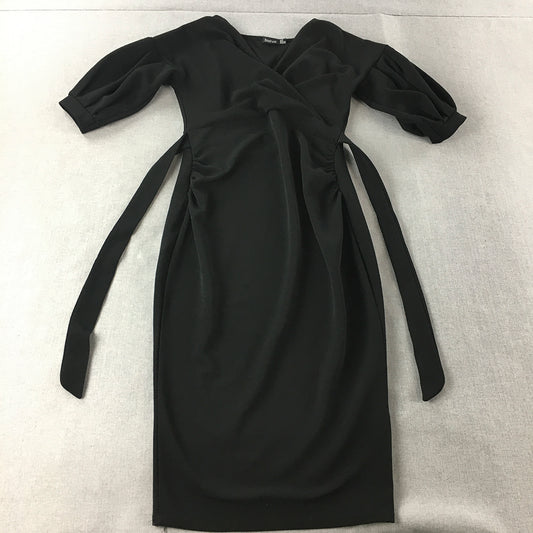 Boohoo Womens Dress Size 12 Black Stretch Tie-Up Knee Length