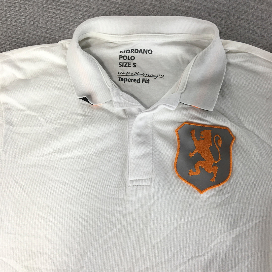 Giordano Mens Polo Shirt Size S Tapered Fit White Orange Logo Collared Rugby